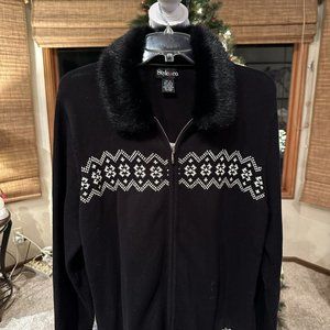 Style & Co Black and White Winter Design Sweater with removable faux fur collar